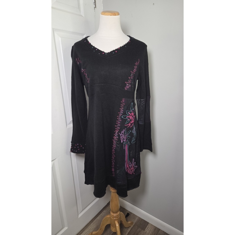 Emma G Black Knit‎ Flared Sleeve Dress Large Textured Design VTG